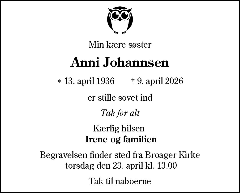 Dødsannonce for Anni Johannsen