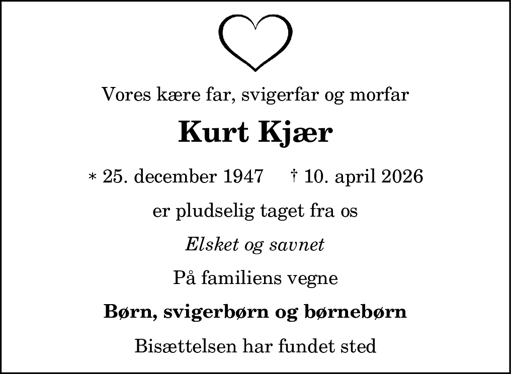 Dødsannonce for Kurt Kjær