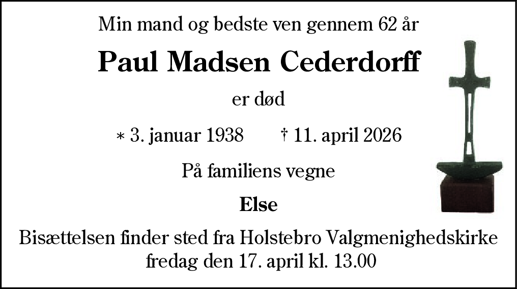 Dødsannonce for Paul Madsen Cederdorff