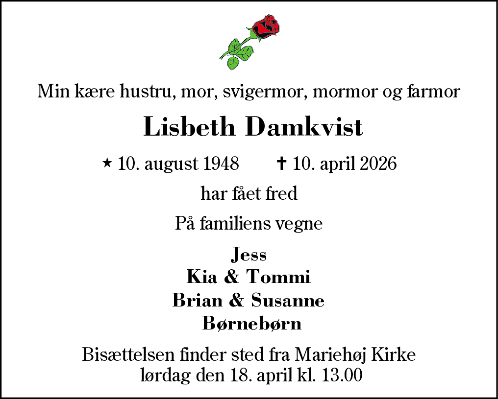 Dødsannonce for Anne Lisbeth Damkvist