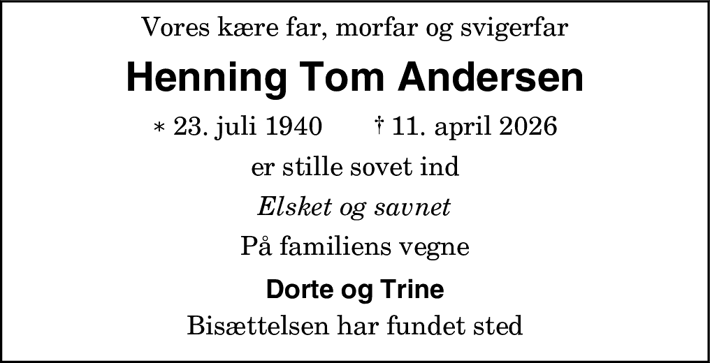 Dødsannonce for Henning Tom Andersen