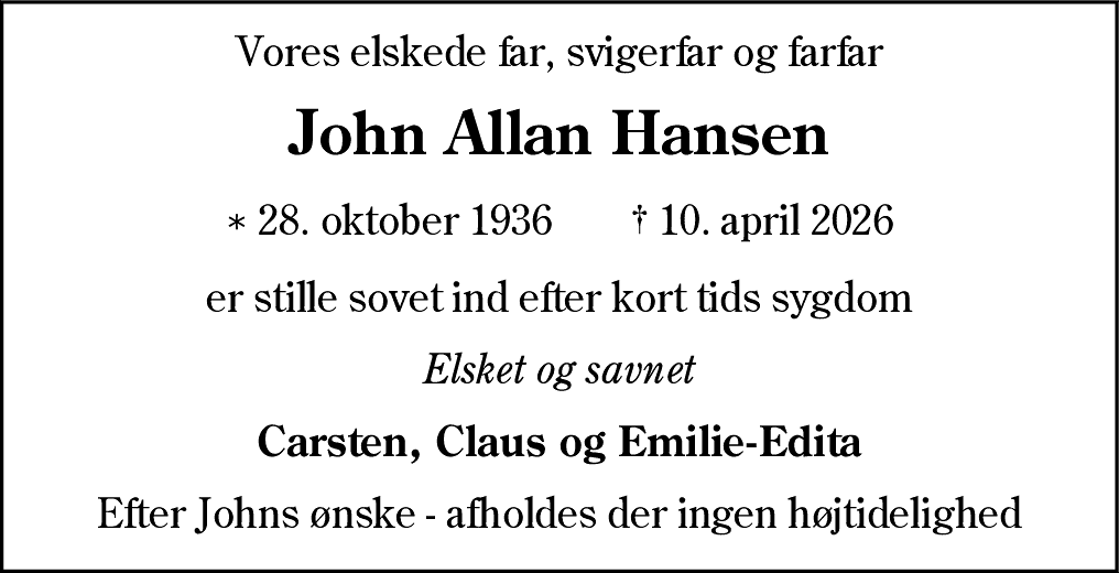 Dødsannonce for John Allan Hansen