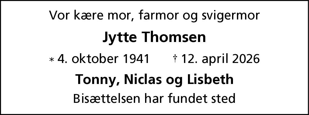 Dødsannonce for Jytte Thomsen