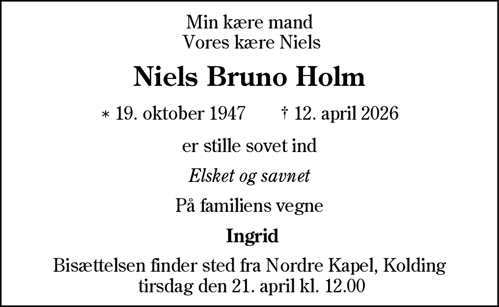 Dødsannonce for Niels Bruno Holm