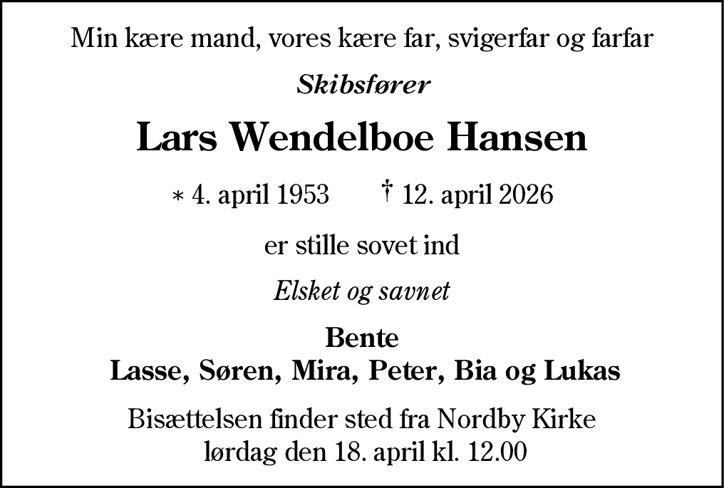 Dødsannonce for Lars Wendelboe Hansen