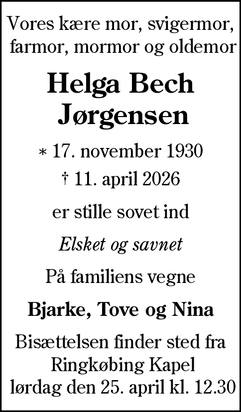 Dødsannonce for Helga Bech Jørgensen