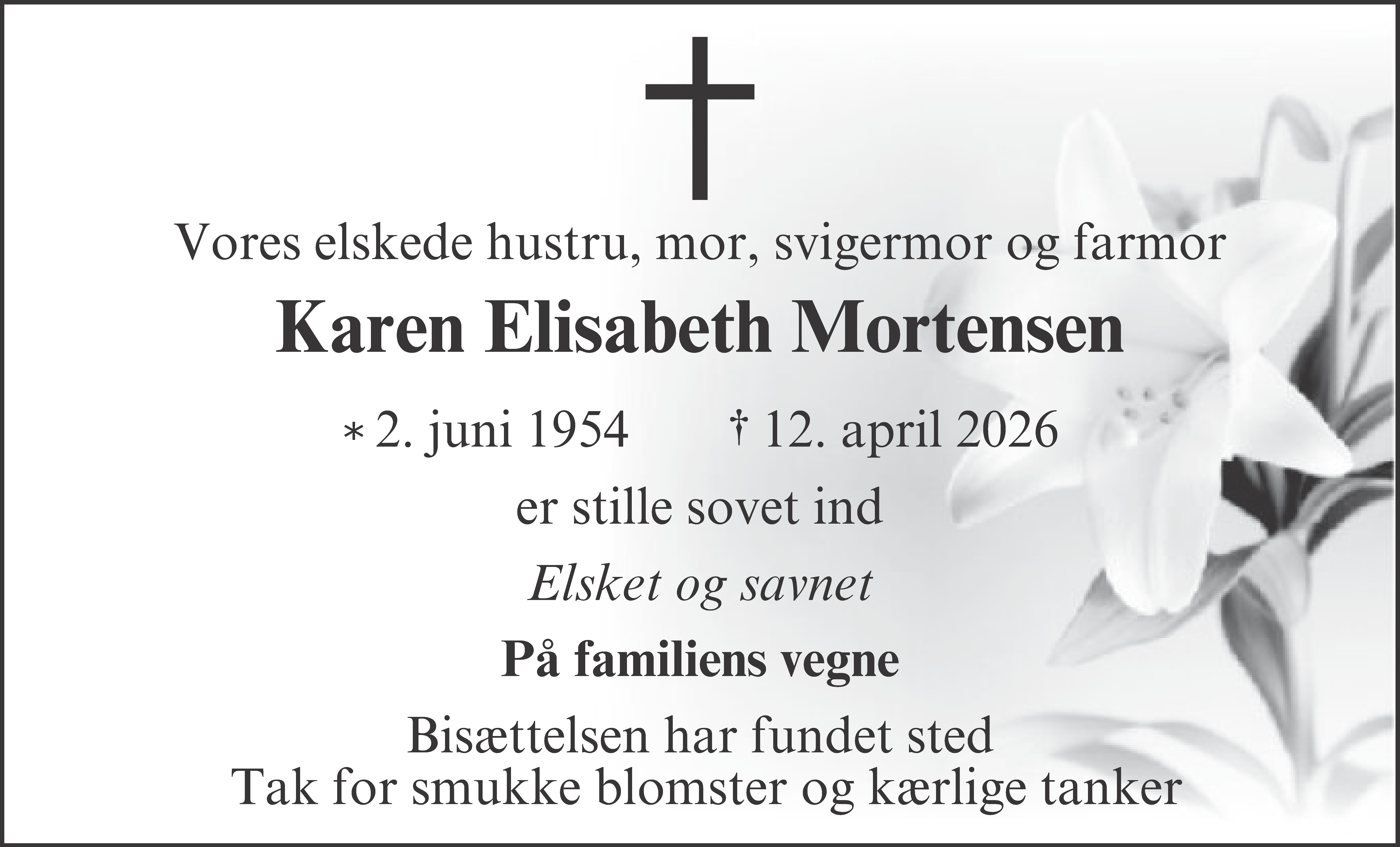 Dødsannonce for Karen Elisabeth Mortensen