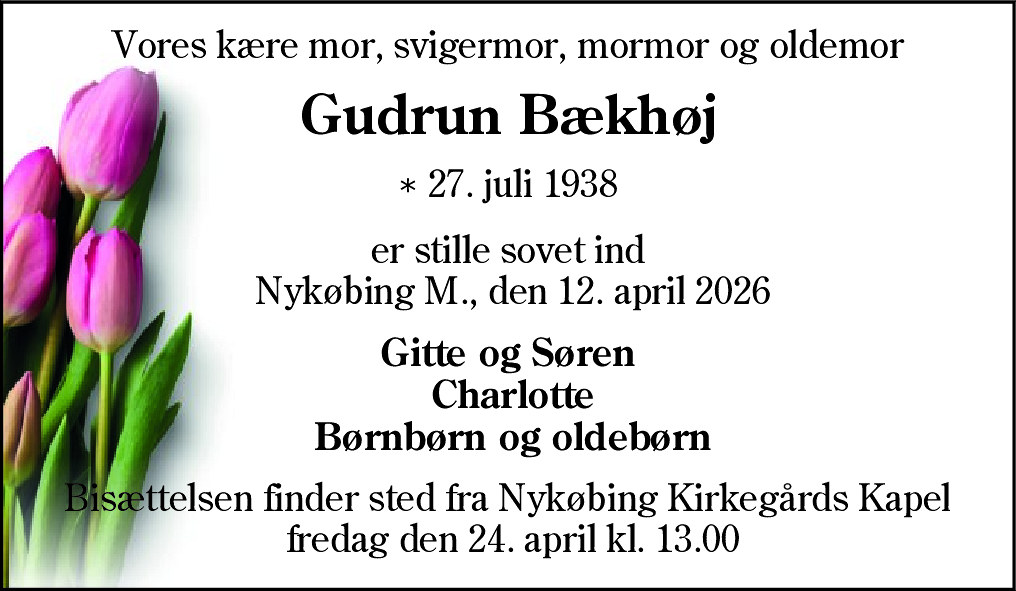 Dødsannonce for Gudrun Bækhøj