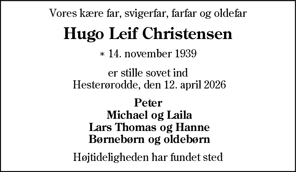 Dødsannonce for Hugo Leif Christensen
