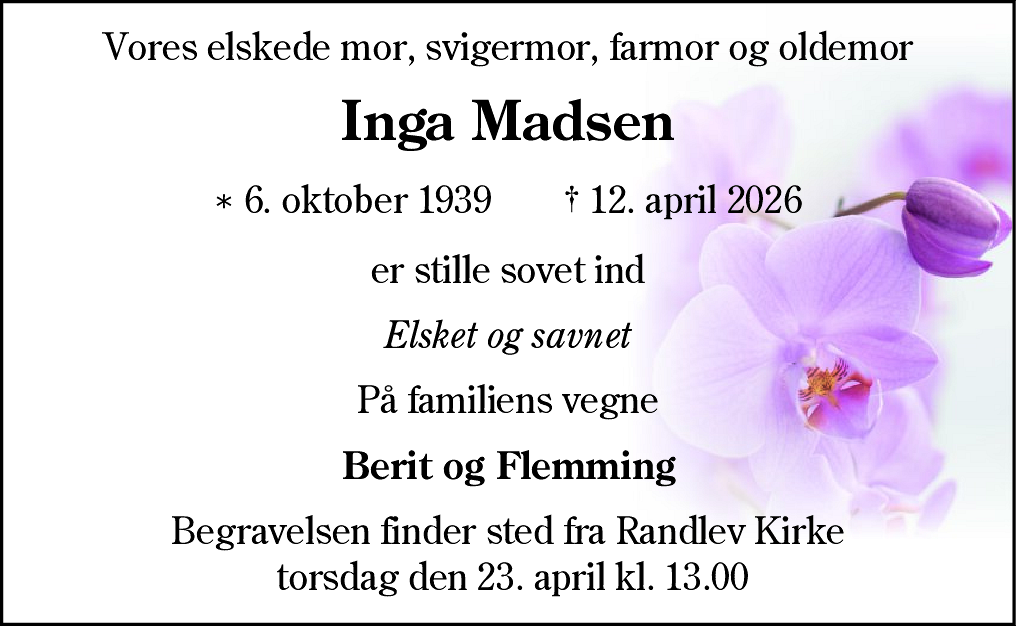 Dødsannonce for Inga Jensen Madsen