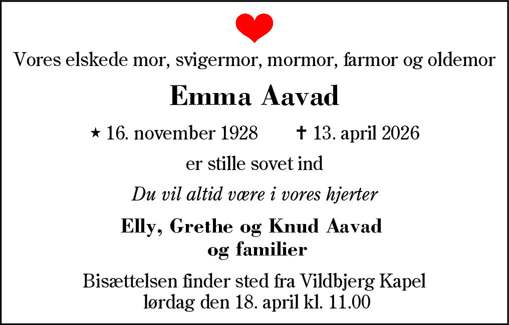 Dødsannonce for Emma Aavad