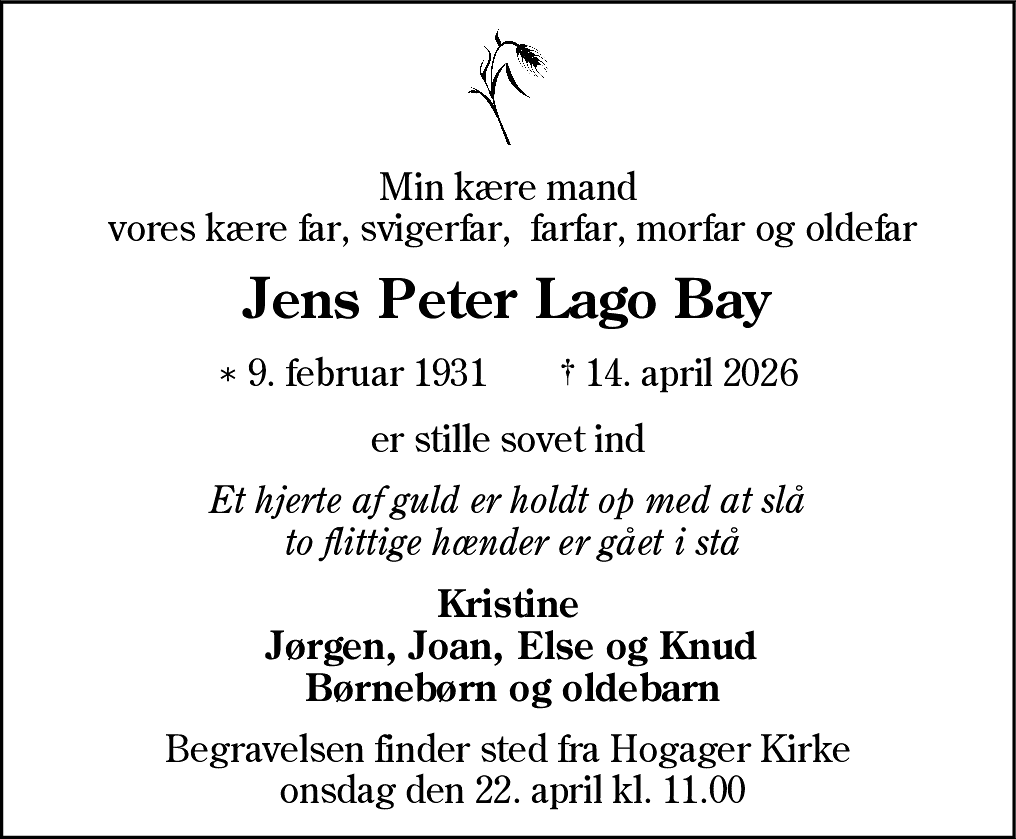 Dødsannonce for Jens Peter Lago Bay