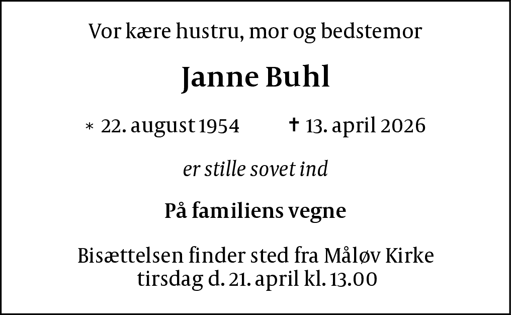 Dødsannonce for Janne Buhl