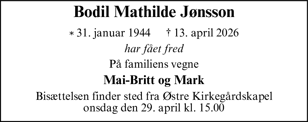 Dødsannonce for Bodil Mathilde Jønsson