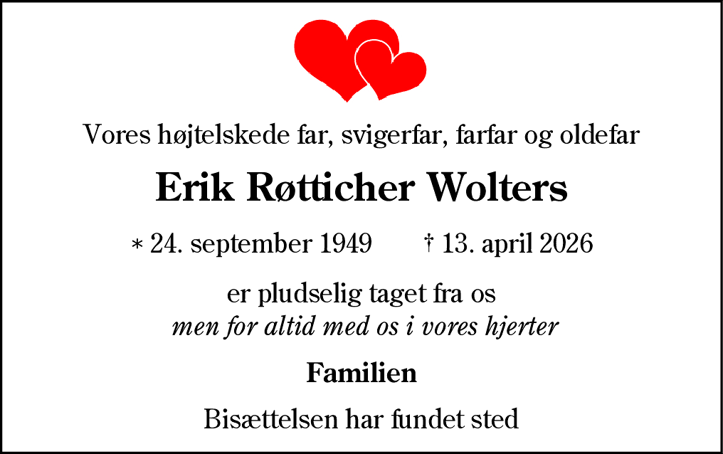 Dødsannonce for Erik Røtticher Wolters