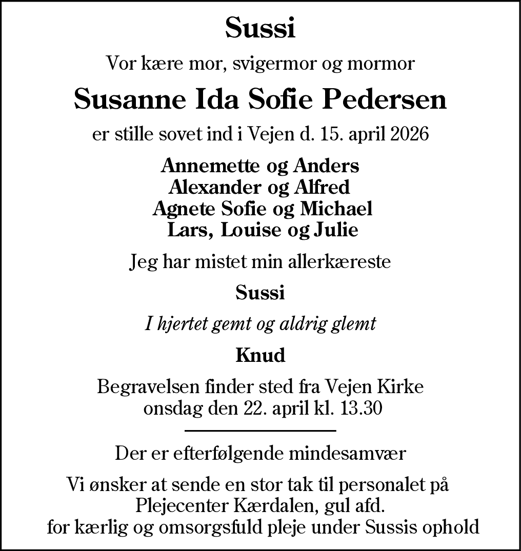 Dødsannonce for Susanne Ida Sofie Pedersen