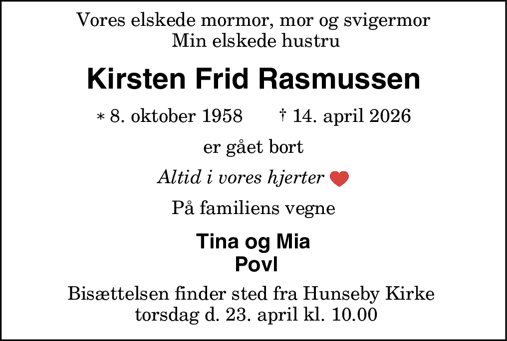 Dødsannonce for Kirsten Frid Rasmussen