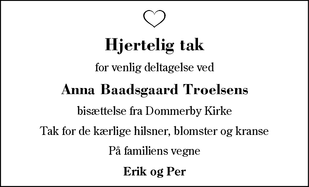 Dødsannonce for Anna Baadsgaard Troelsen