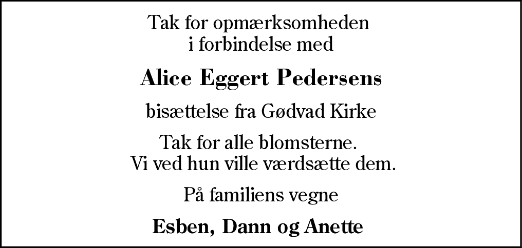 Dødsannonce for Alice Eggert Pedersen