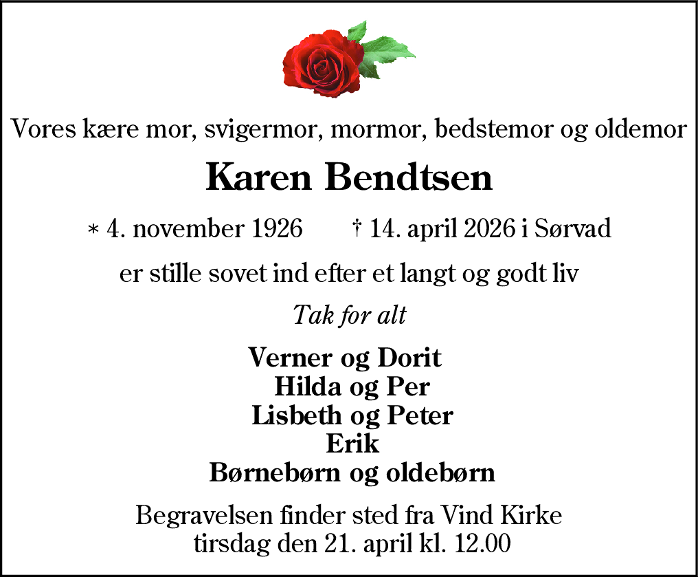 Dødsannonce for Karen Bentsen