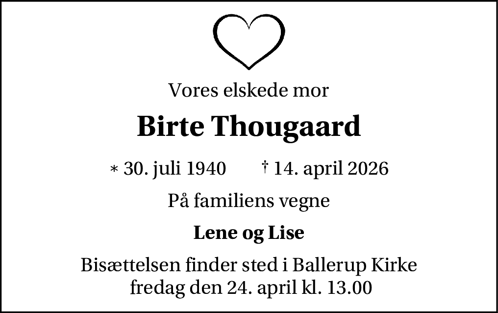 Dødsannonce for Birte Thougaard