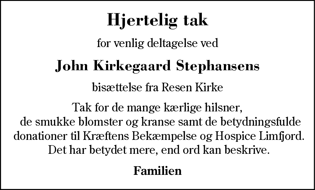 Dødsannonce for John Kirkegaard Stephansen