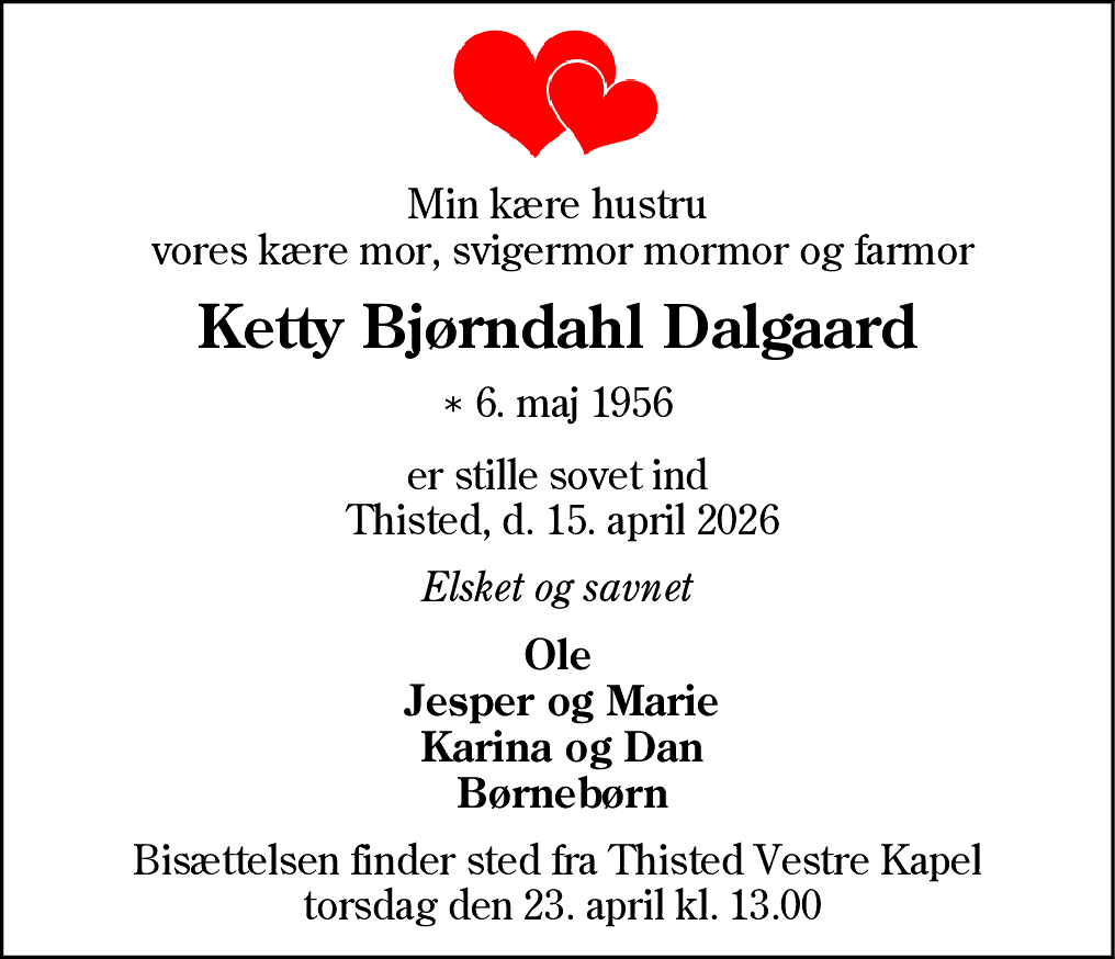 Dødsannonce for Ketty Bjørndahl Dalgaard