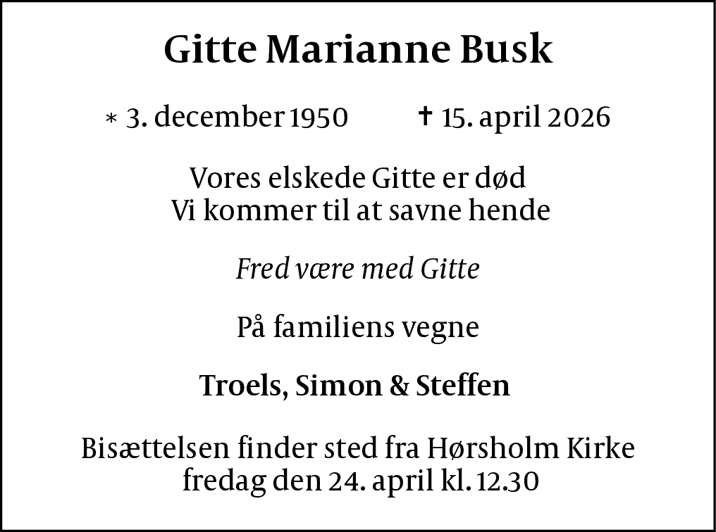 Dødsannonce for Gitte Marianne Busk