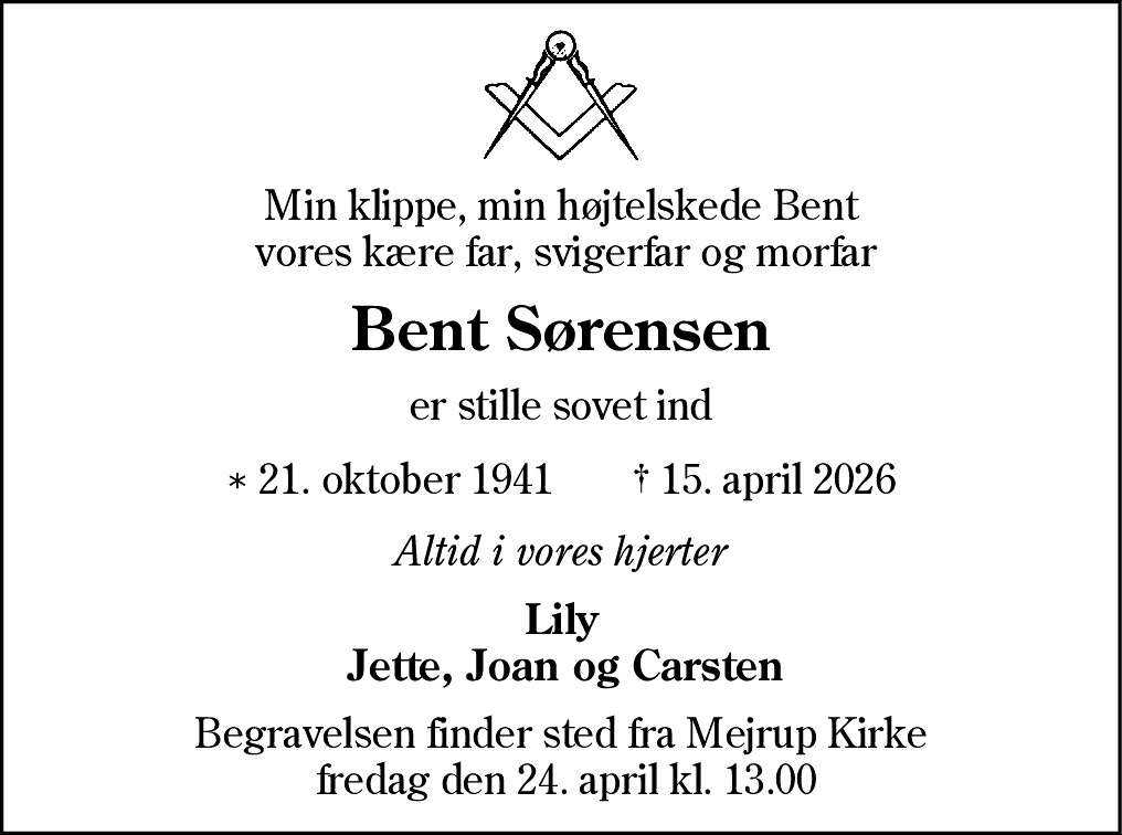 Dødsannonce for Bent Sørensen