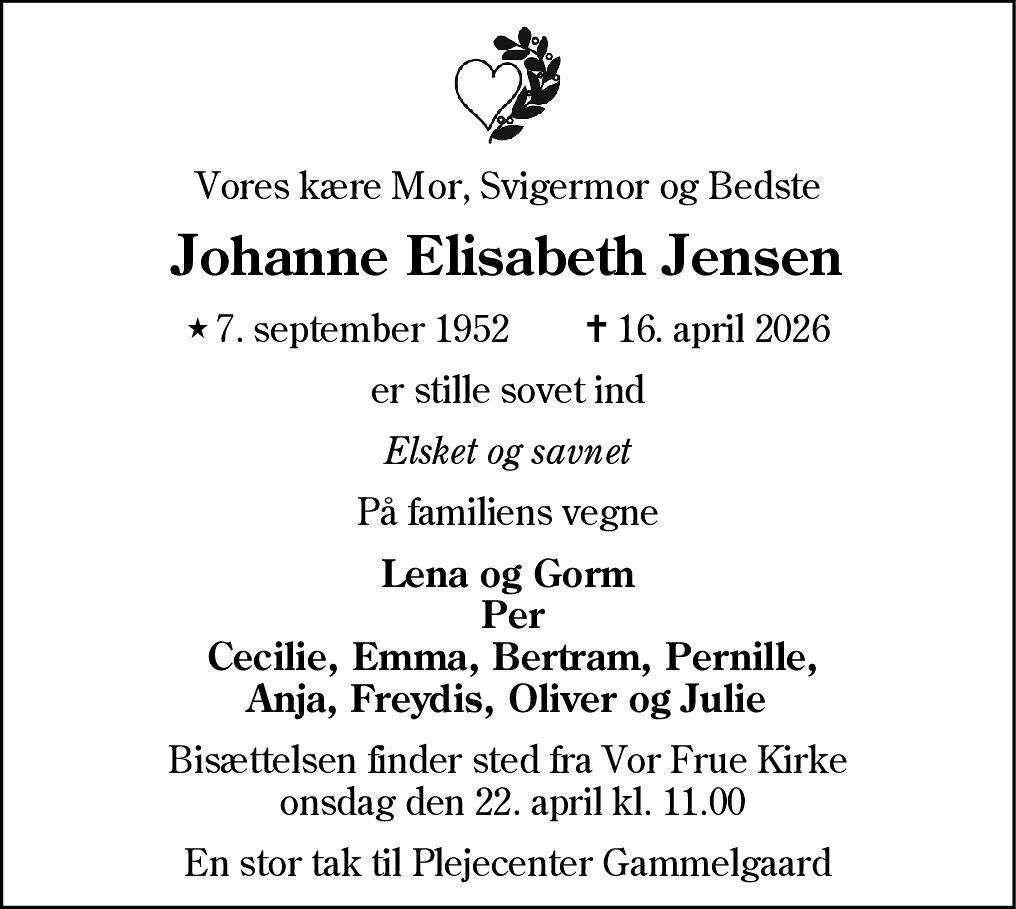 Dødsannonce for Johanne Elisabeth Jensen