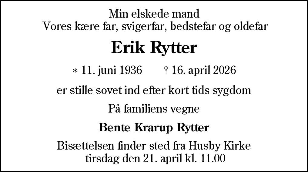 Dødsannonce for Erik Rytter