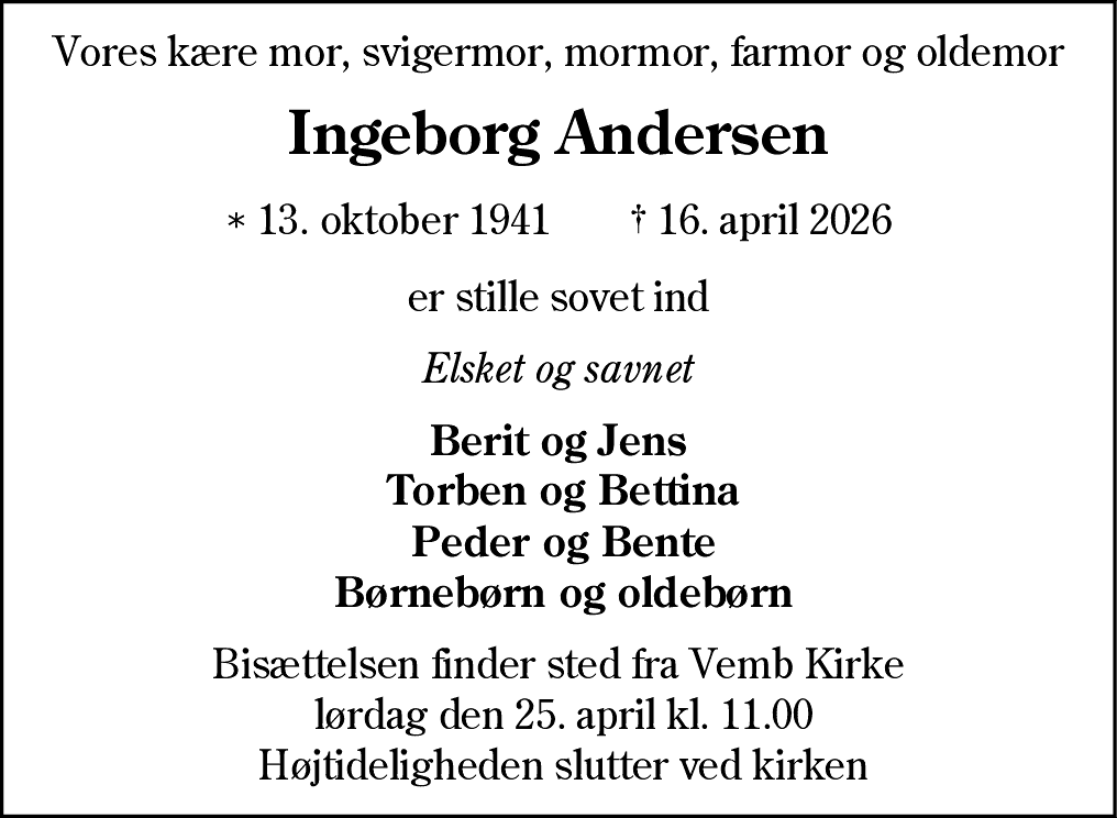 Dødsannonce for Ingeborg Andersen