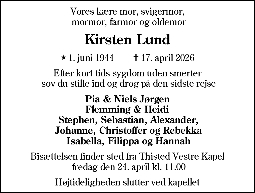 Dødsannonce for Kirsten Lund