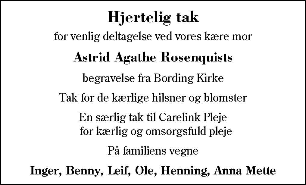 Dødsannonce for Astrid Agathe Rosenquist