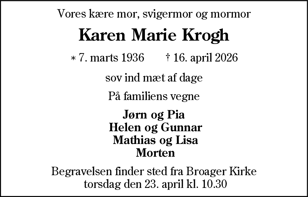 Dødsannonce for Karen Marie Krogh