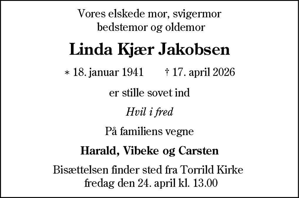 Dødsannonce for Linda Jakobsen