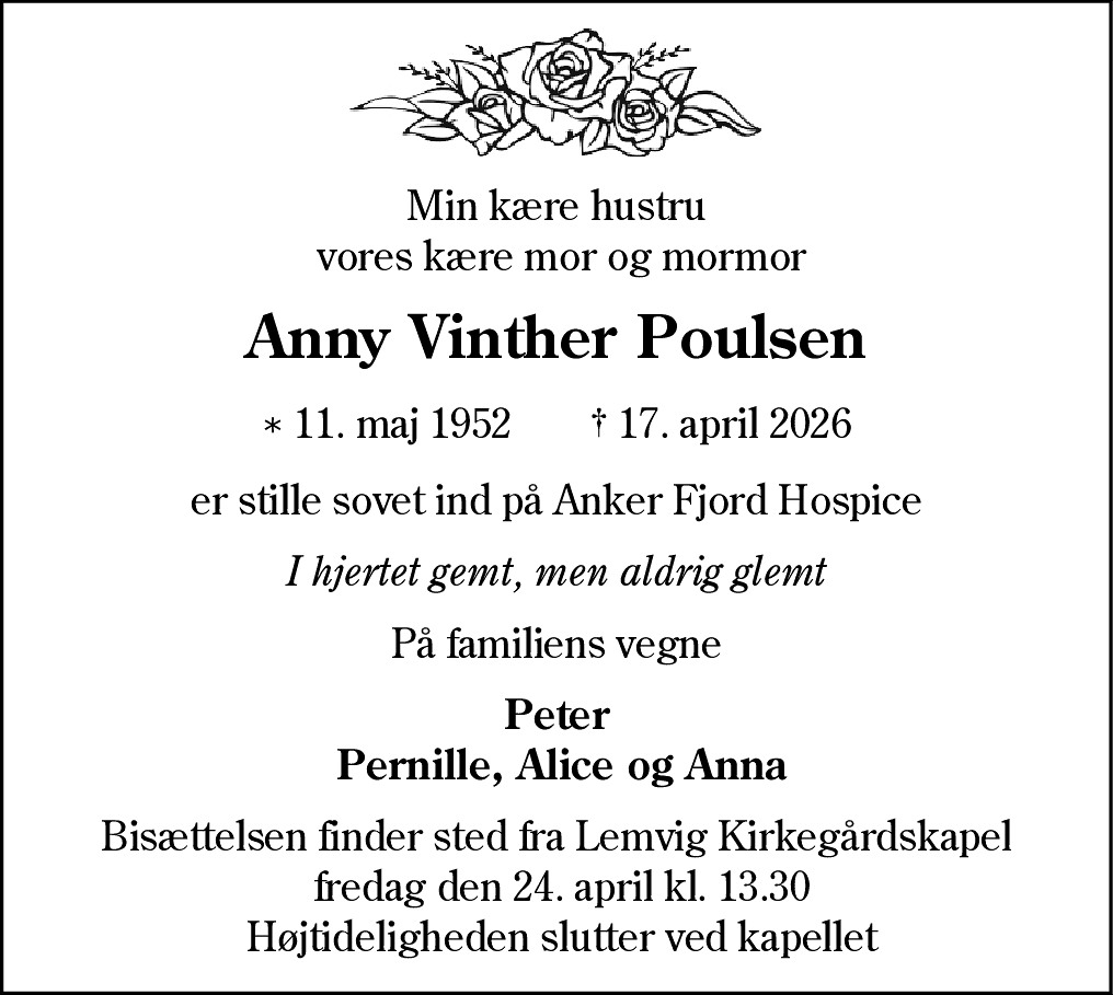 Dødsannonce for Anny Vinther Poulsen