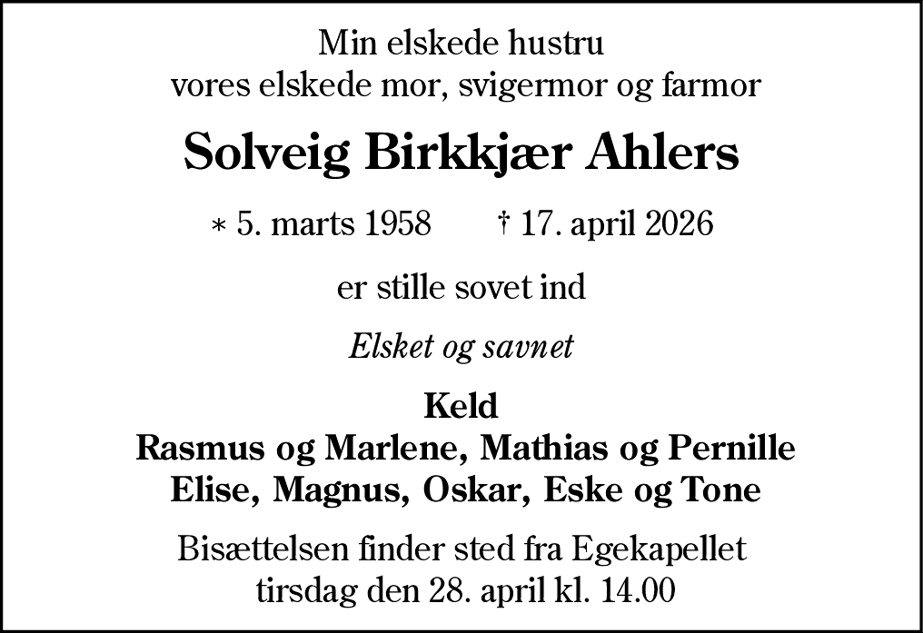Dødsannonce for Solveig Birkkjær Ahlers
