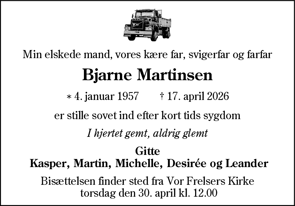Dødsannonce for Bjarne Martinsen