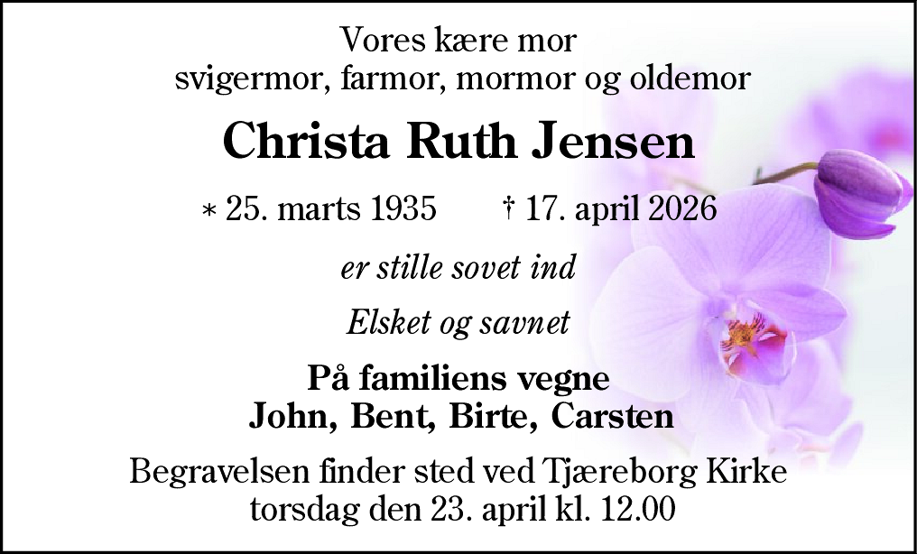 Dødsannonce for Christa Ruth Jensen