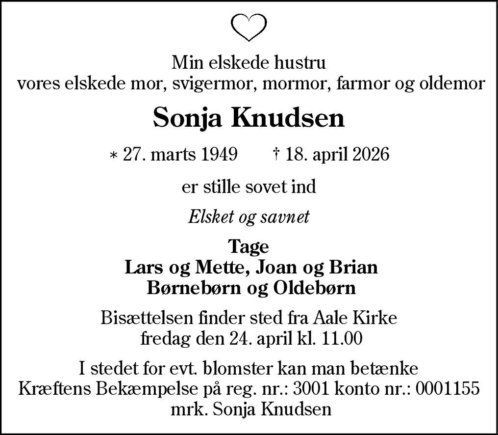 Dødsannonce for Sonja Knudsen