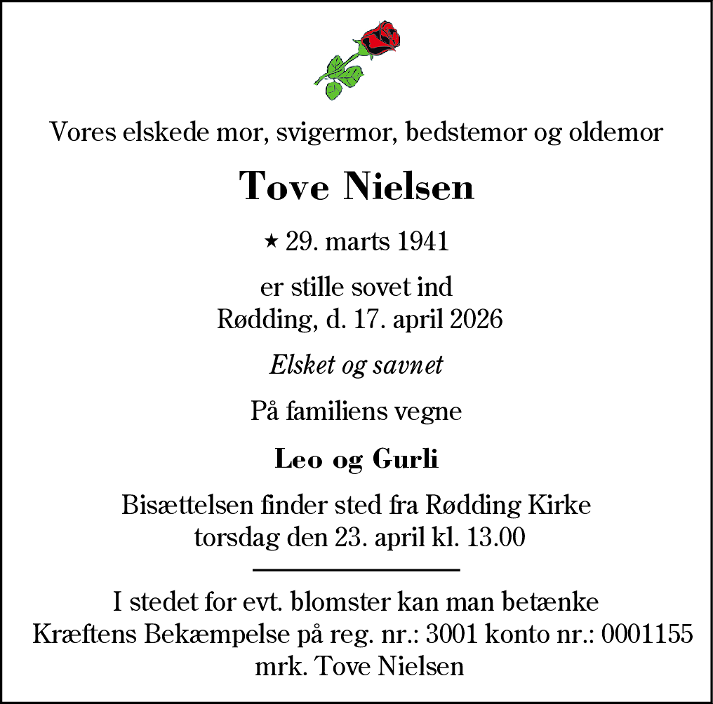 Dødsannonce for Tove Nielsen