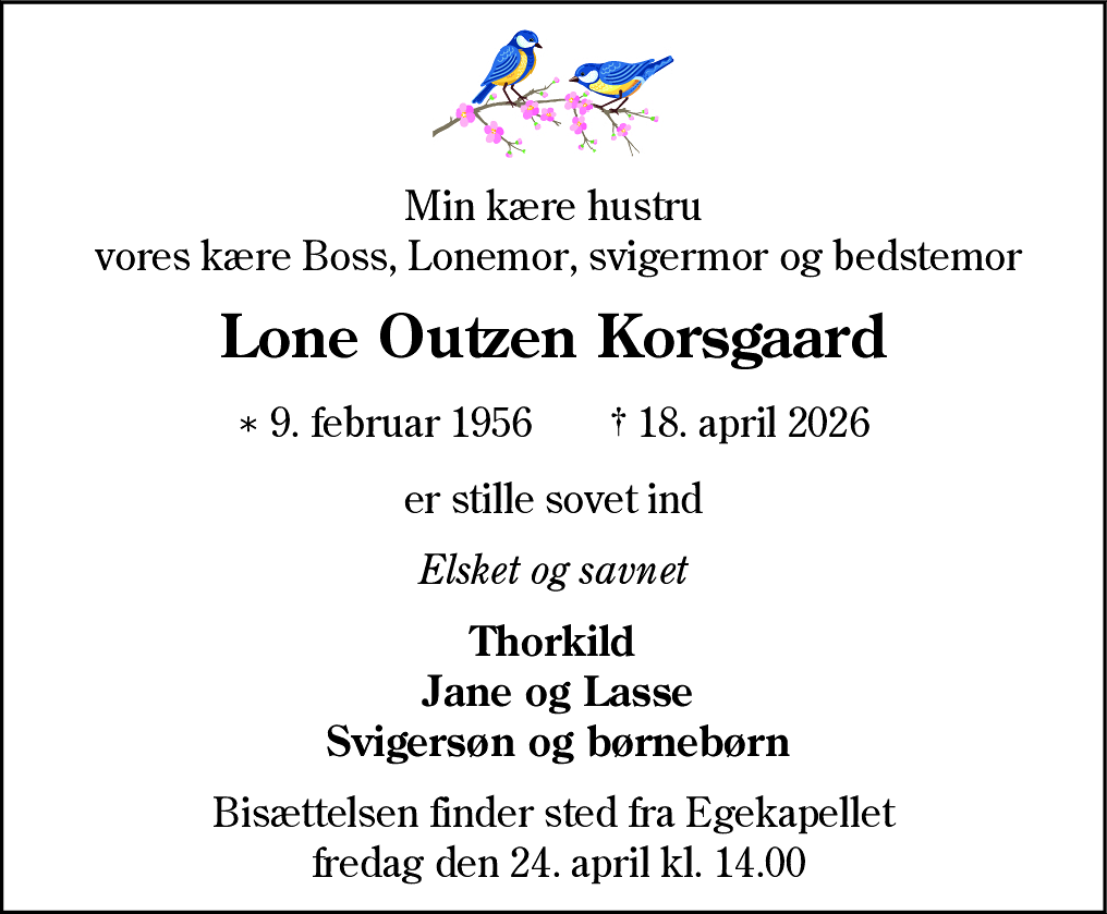 Dødsannonce for Lone Korsgaard