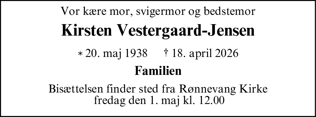Dødsannonce for Kirsten Vestergaard-Jensen