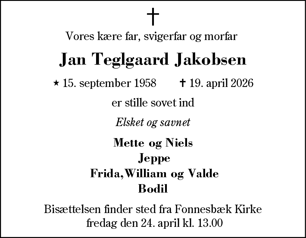 Dødsannonce for Jan Teglgaard Jakobsen