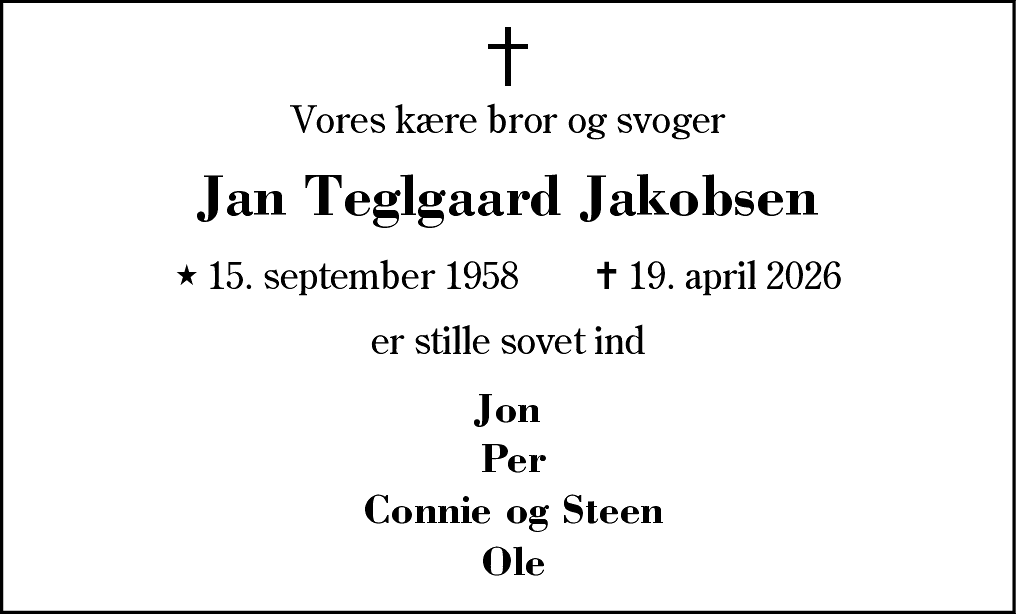 Dødsannonce for Jan Teglgaard Jakobsen