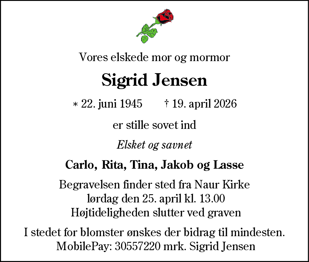 Dødsannonce for Sigrid Anna Jensen
