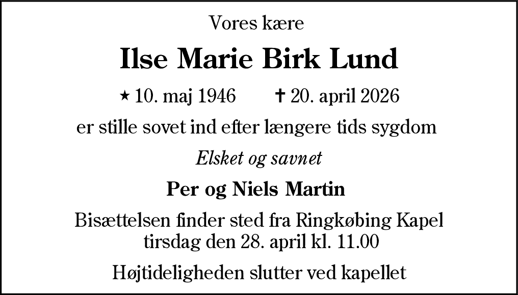 Dødsannonce for Ilse Marie Birk Lund