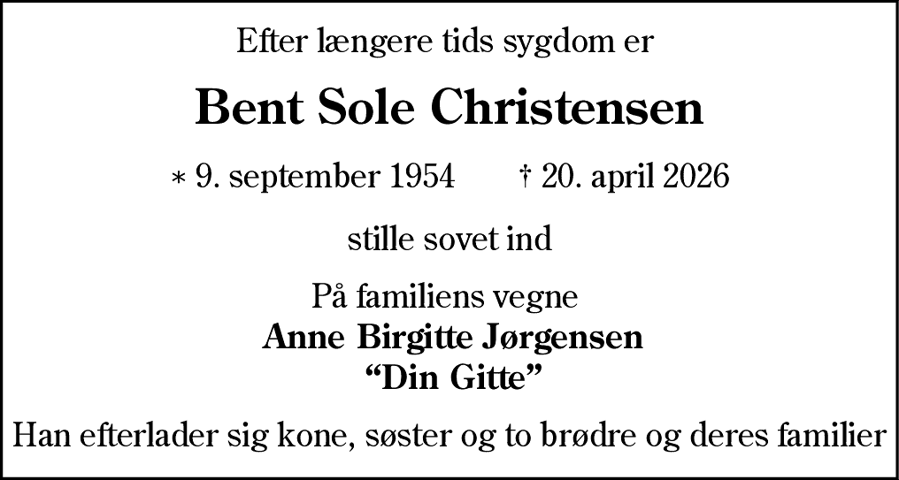 Dødsannonce for Bent Sole Christensen