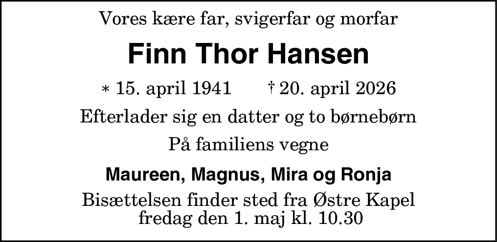 Dødsannonce for Finn Thor Hansen